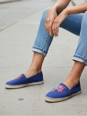 Quacker Factory Women's Navy Sequin Flag Espadrille Flats patriotic 8.5 NIB